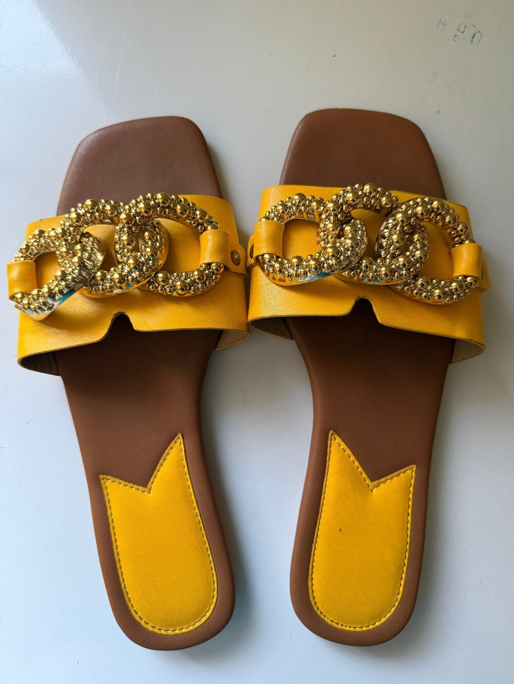 Yellow Embellished Chain Slide Sandals - Women's